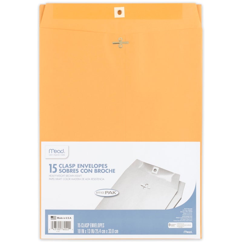 Mead أظرف ميد، 10" × 13"، إغلاق بمشبك، ورق كرافت بني متعدد الاستخدامات بوزن 24 رطل، 15 قطعة (76022) - Image 1